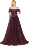 Off Shoulder Tulle Ball Gowns for Women Lace Appliques Beaded Prom Dress Sparkly Long A-line Evening Gowns