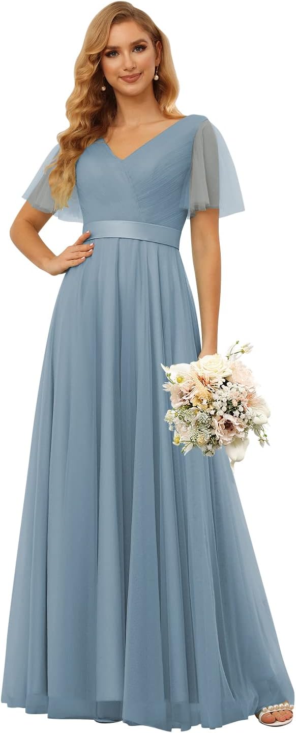 Damen Brautjungfernkleider mit Flatterärmeln, Tüll, lang, V-Ausschnitt, Empire-Taille, formelles Kleid 