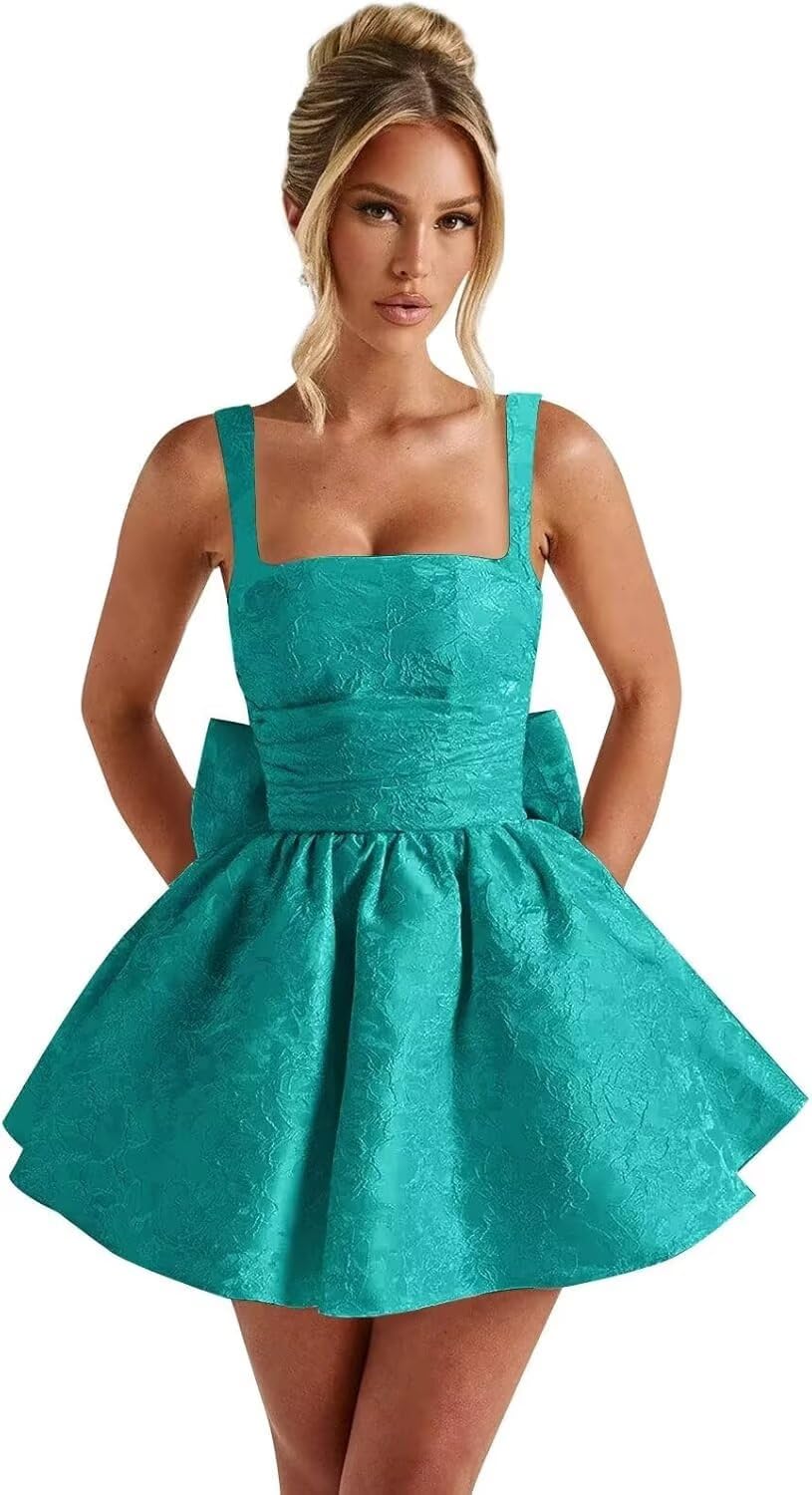 Jacquard Satin Homecoming Dresses for Teens Spaghetti Straps Short Prom Dress A-line Cocktail Party Gowns with Bow