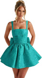 Jacquard Satin Homecoming Dresses for Teens Spaghetti Straps Short Prom Dress A-line Cocktail Party Gowns with Bow