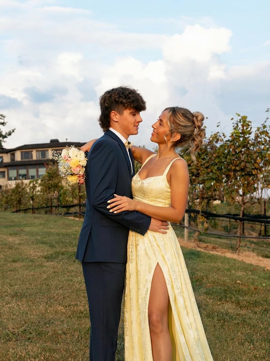 Jacquard Satin Prom Dresses with Slit Spaghetti Straps A Line Maxi Long Formal Dress