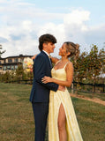 Jacquard Satin Prom Dresses with Slit Spaghetti Straps A Line Maxi Long Formal Dress