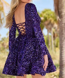 Sequin Short Homecoming Dress for Teen Sparkly Long Sleeve Prom Sweet 16 Dresses Cocktail Gowns