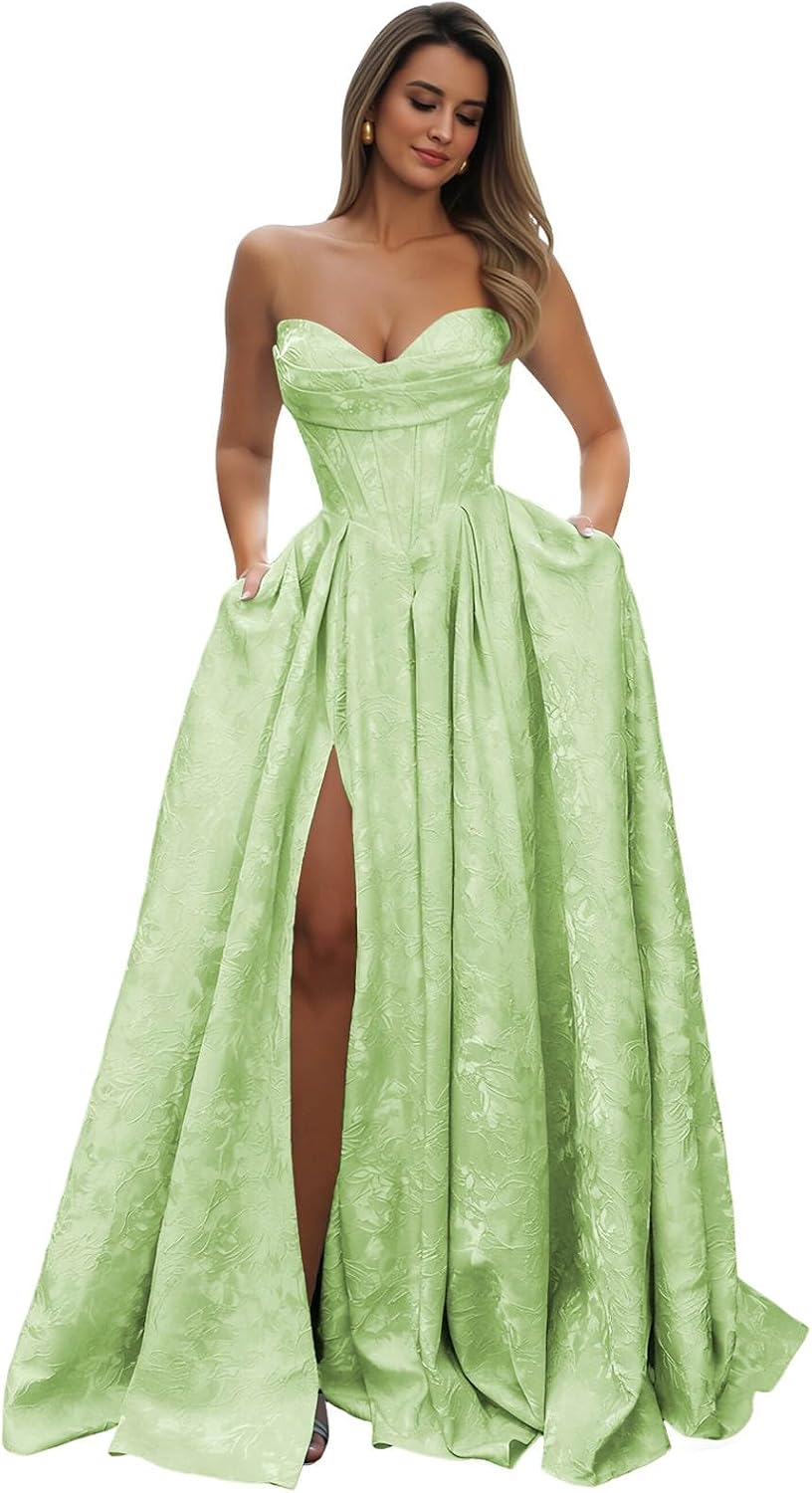 Strapless Prom Dress Jacquard Satin Ball Gown Pleated A Line Long Corset Formal Evening Dresses with Slit Pockets