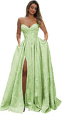 Strapless Prom Dress Jacquard Satin Ball Gown Pleated A Line Long Corset Formal Evening Dresses with Slit Pockets