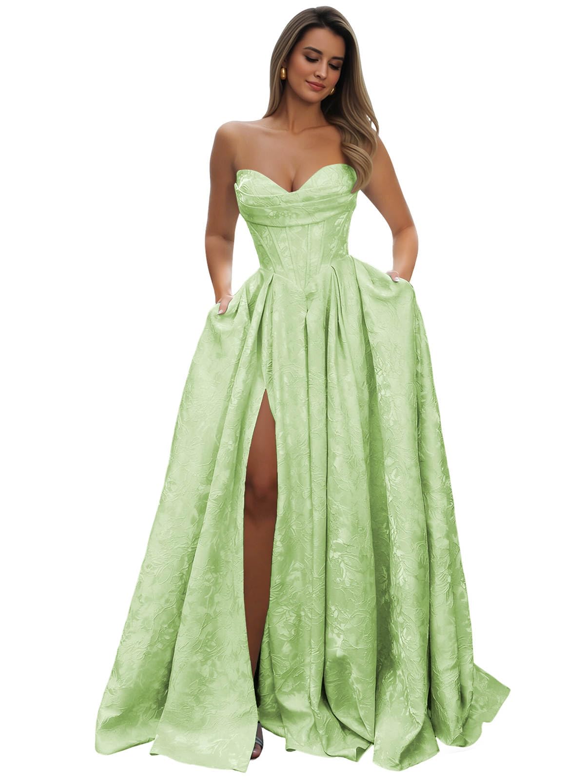 Strapless Prom Dress Jacquard Satin Ball Gown Pleated A Line Long Corset Formal Evening Dresses with Slit Pockets