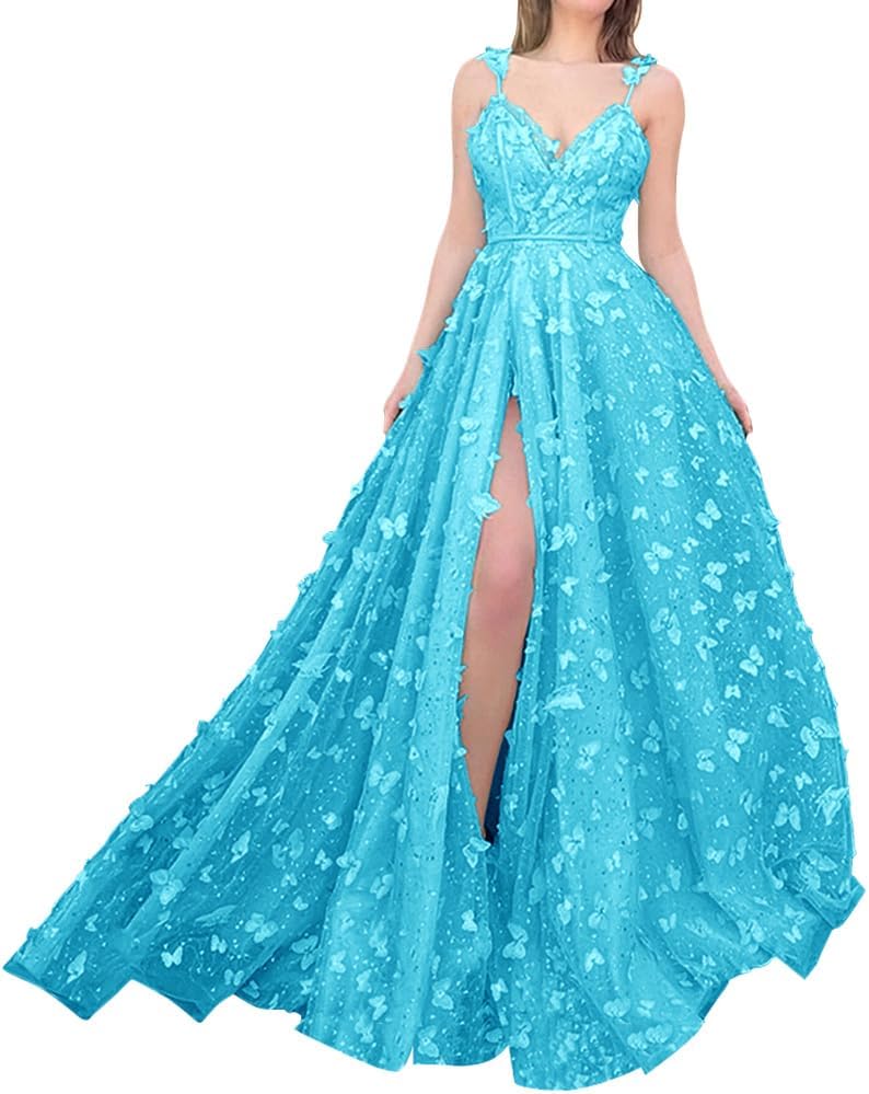 Sparkly Prom Dresses for Teens 2027 3D Butterfly Tulle Spaghetti Straps Long Slit Backless Party Gowns