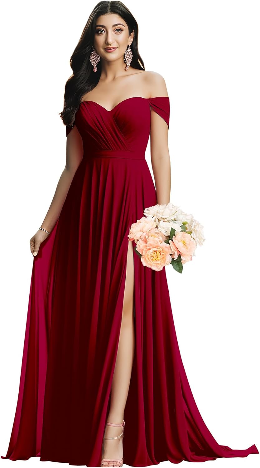 Schulterfreies Brautjungfernkleid für die Hochzeit, gerüschtes Chiffon-Split-Abendkleid mit Taschen 