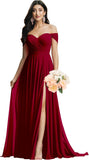Schulterfreies Brautjungfernkleid für die Hochzeit, gerüschtes Chiffon-Split-Abendkleid mit Taschen 