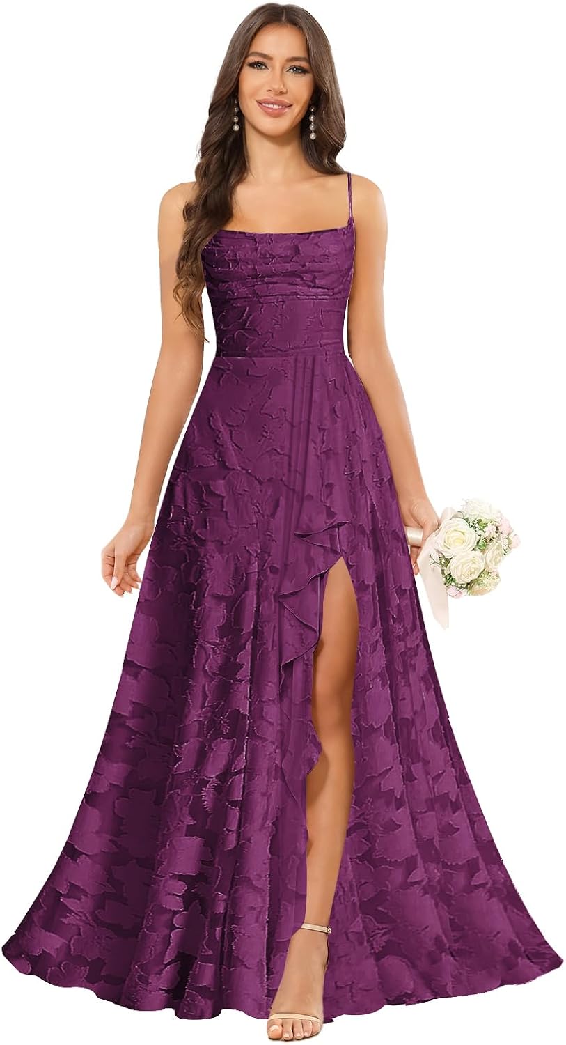 Women’s Ruffled Bridesmaid Dresses Scoop Neck Floral Chiffon Formal Dress Wrap Pleated Wedding Guest Dress