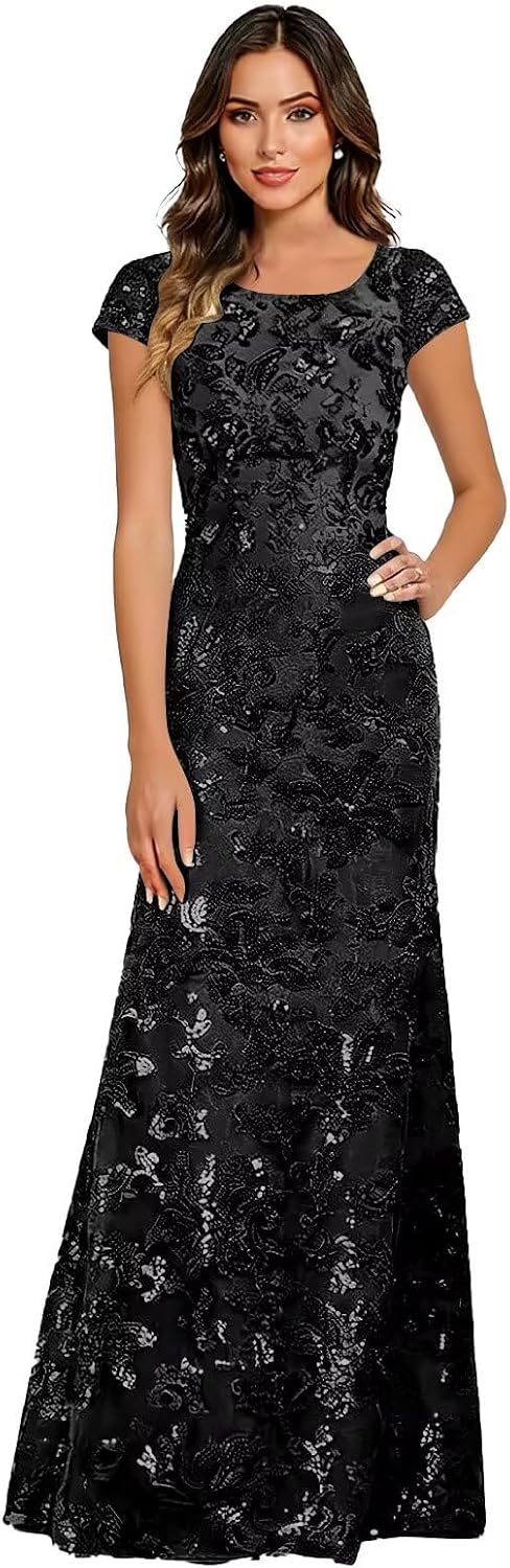 Lace Appliques Scoop Neck Sequin Mother of the Bride Dresses Mermaid Short Sleeve Formal Evening Gowns
