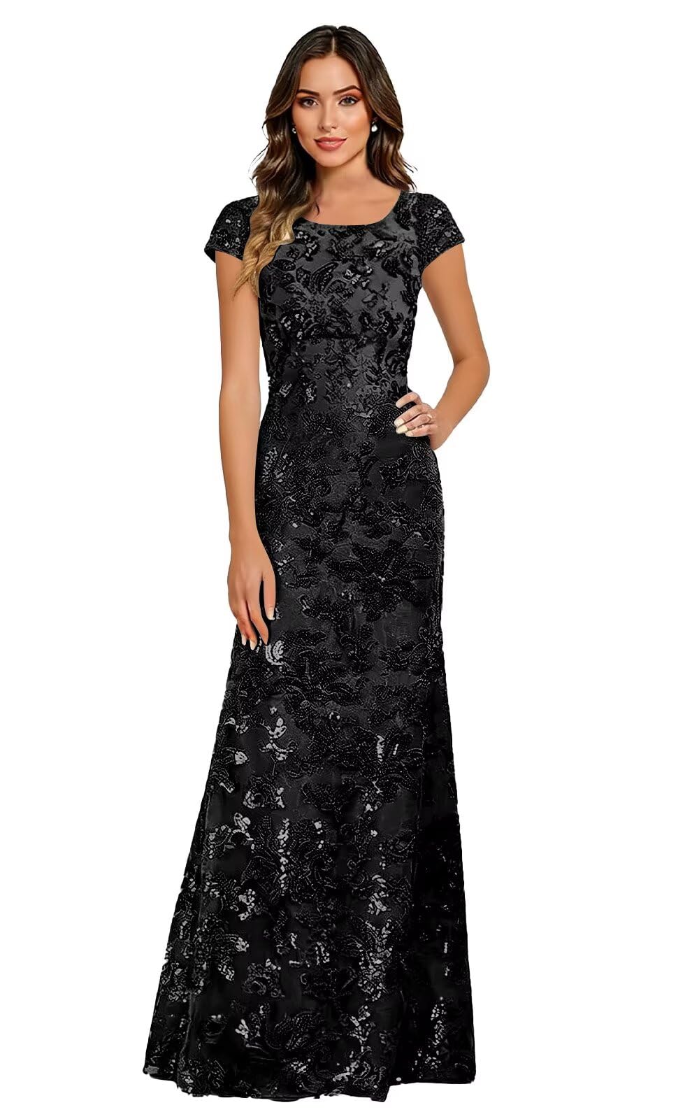 Lace Appliques Scoop Neck Sequin Mother of the Bride Dresses Mermaid Short Sleeve Formal Evening Gowns