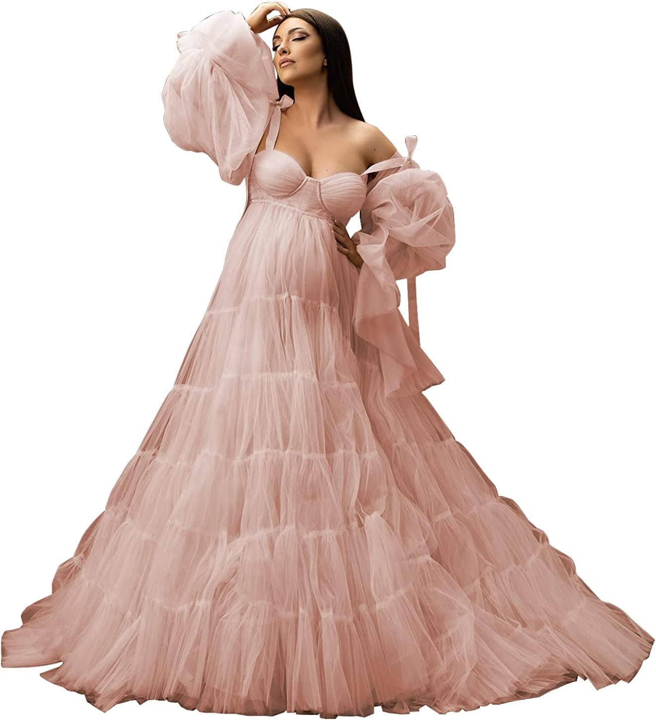 Womens Tulle Robe Maternity Dress for Photoshoot Off Shoulder Bridal Lingerie Maternity Gowns for Babyshower