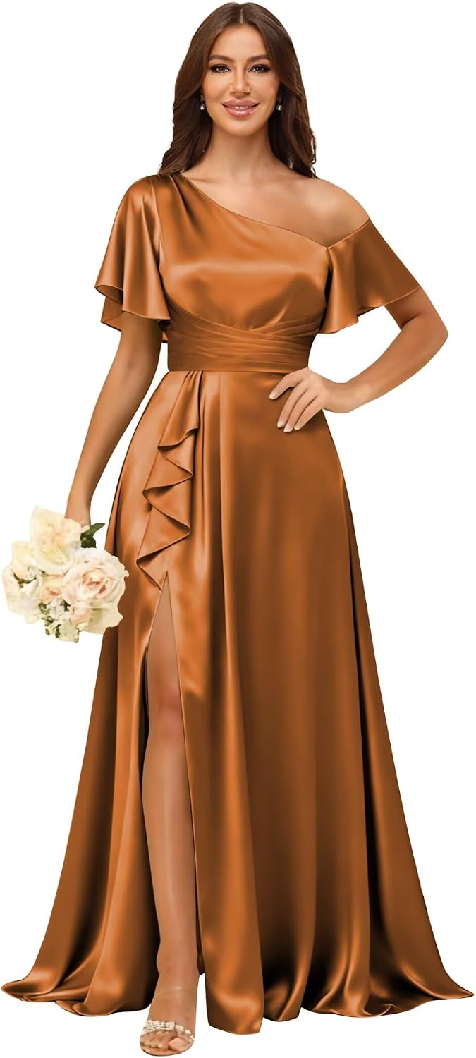 Short Sleeve Satin Bridesmaid Dresses for Women Ruffle One Shoulder Formal Evening Gowns with Slit