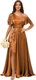 Short Sleeve Satin Bridesmaid Dresses for Women Ruffle One Shoulder Formal Evening Gowns with Slit