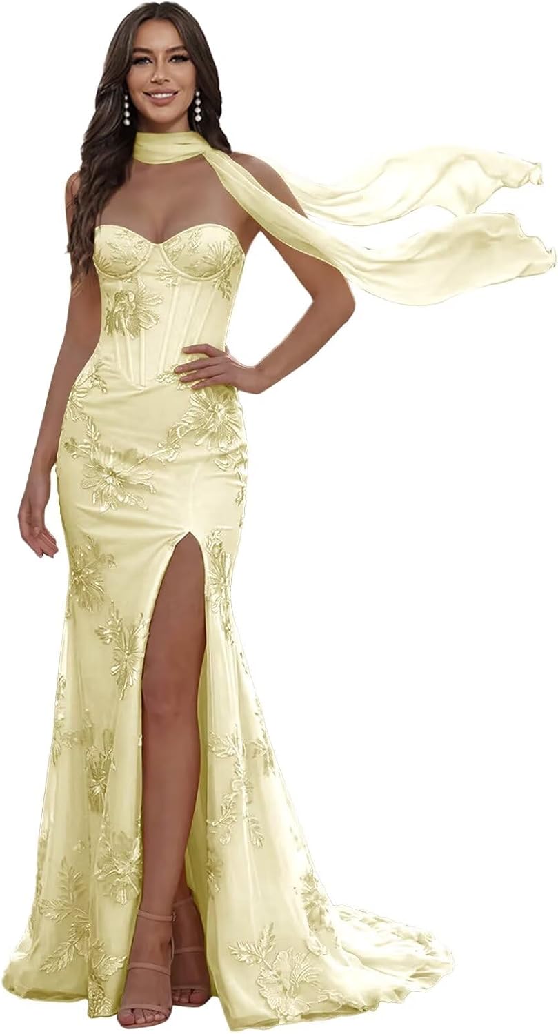 Floral Prom Dresses for Teens Strapless Mermaid Corset Tulle Formal Evening Gown with Slit Scarf