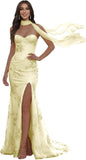 Floral Prom Dresses for Teens Strapless Mermaid Corset Tulle Formal Evening Gown with Slit Scarf