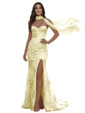 Floral Prom Dresses for Teens Strapless Mermaid Corset Tulle Formal Evening Gown with Slit Scarf