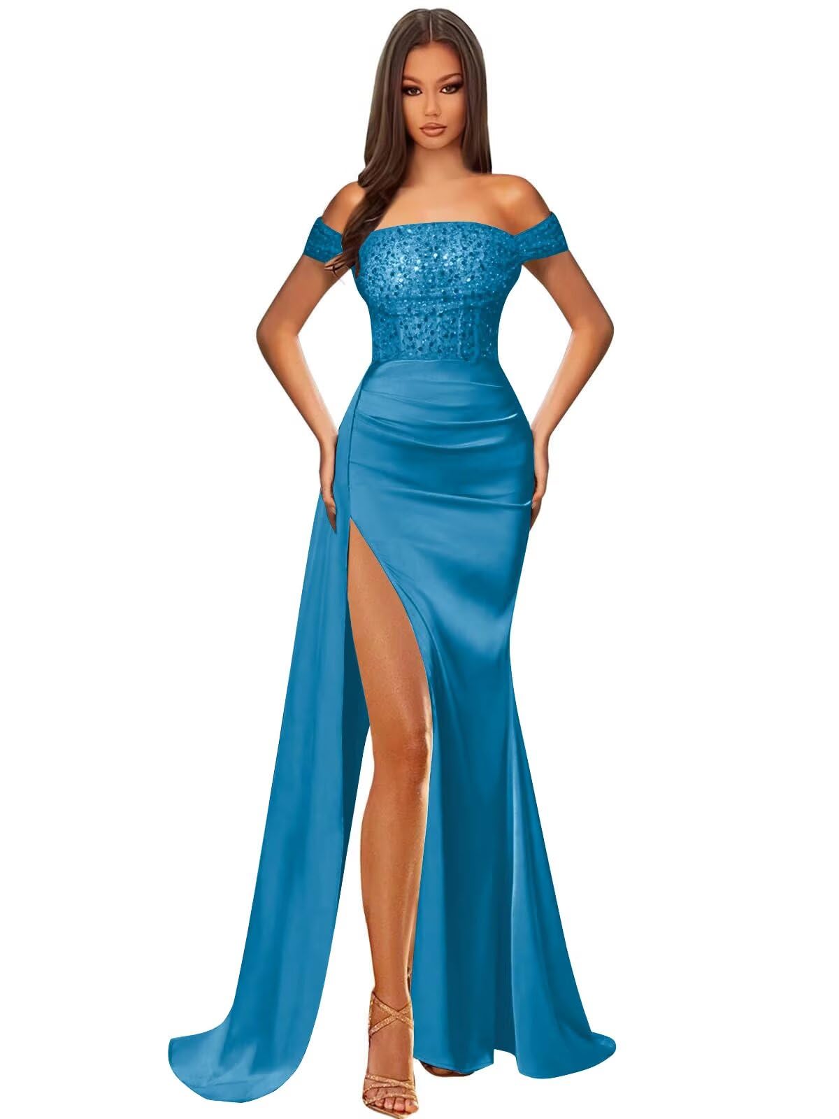Off Shoulder Sequin Prom Dresses for Women 2027 Long Mermaid Tight Satin Formal Evening Party Dress with Slit