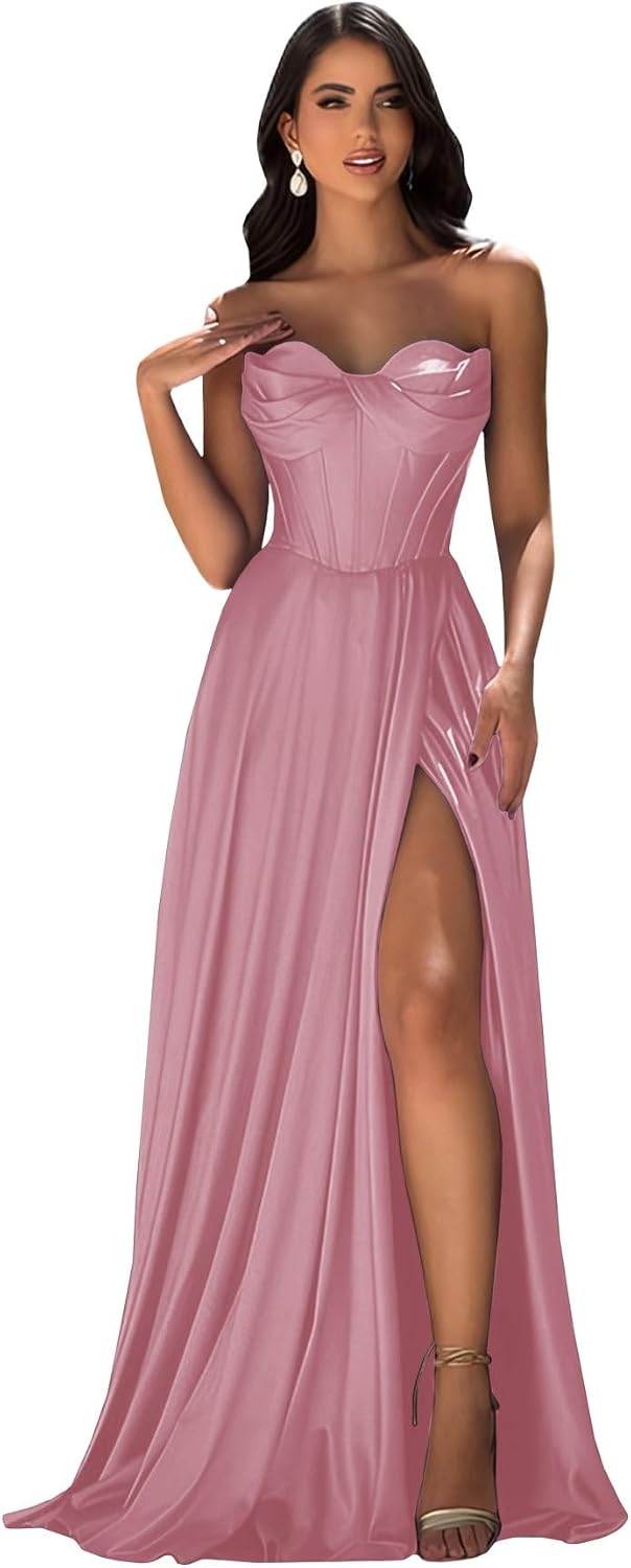 Strapless Prom Dress with Slit Satin A Line Long Ball Gowns for Women Sweetheart Corset Formal Dress with Pockets