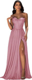 Strapless Prom Dress with Slit Satin A Line Long Ball Gowns for Women Sweetheart Corset Formal Dress with Pockets