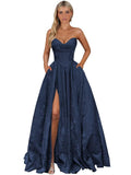 Strapless Jacquard Satin Prom Dresses for Women Corset A Line Long Formal Evening Party Gowns with Slit