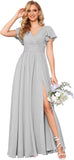 Flutter Sleeves Split Bridesmaid Dresses with Slit Long V Neck Empire Waist Formal Dress for Women Wedding