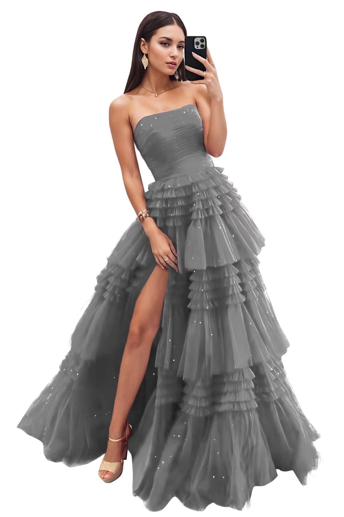 Strapless Tiered Tulle Prom Dresses for Women 2027 Long Sparkly A-Line Formal Evening Party Ball Gowns with Slit