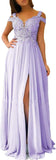 Women's Lace Appliques Prom Dresses Long with Slit Cold Shoulder Formal Party Gown