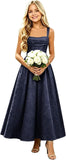 Girls Floral Satin Jacquard Junior Bridesmaid Dresses Long Ruched Flower Girl Dress for Wedding