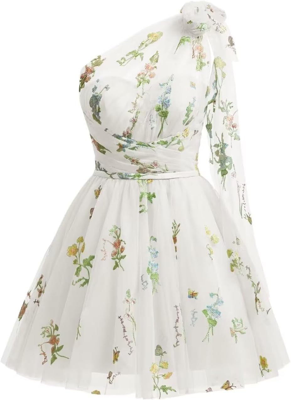 One Shoulder Homecoming Dresses for Teens Flower Embroidery Tulle Short Prom Dress A-Line Formal Party Ball Gowns