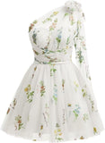 One Shoulder Homecoming Dresses for Teens Flower Embroidery Tulle Short Prom Dress A-Line Formal Party Ball Gowns