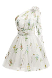 One Shoulder Homecoming Dresses for Teens Flower Embroidery Tulle Short Prom Dress A-Line Formal Party Ball Gowns