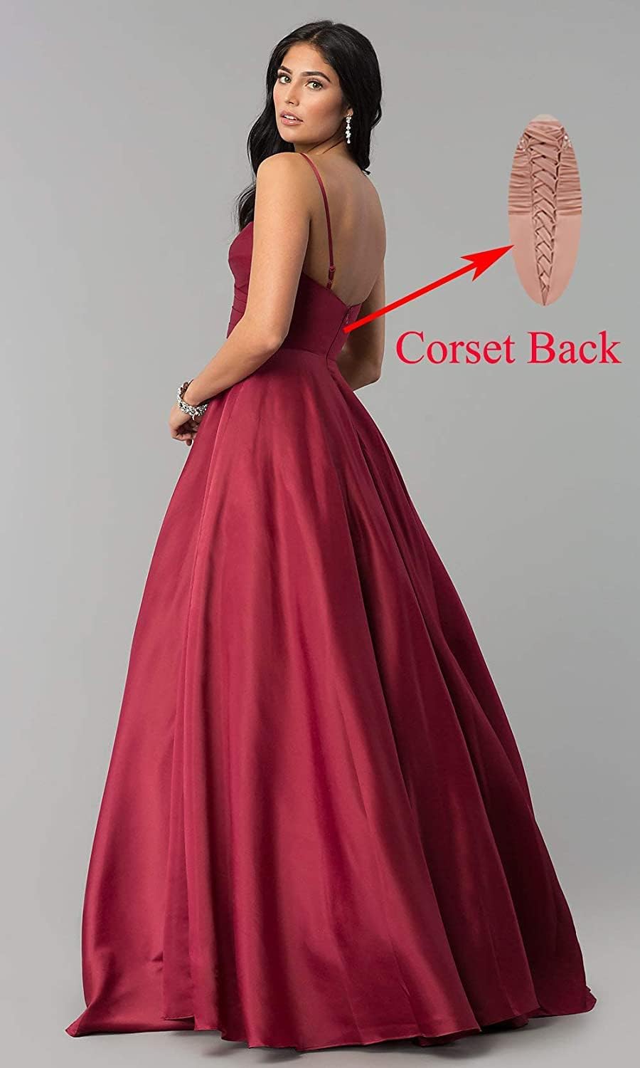 Women's Spaghetti Straps Satin Prom Dresses with Pockets V Neck Pleated Formal Evening Ball Gowns
