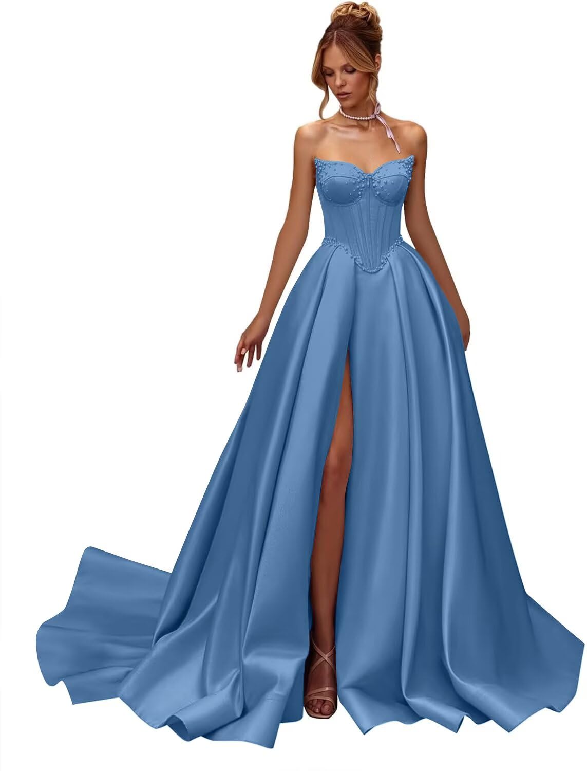 Kingbridal Gowns Strapless Prom Dresses for Women 2026 Long Satin A-line Formal Dress with Slit Beaded Corset Evening Party Gowns