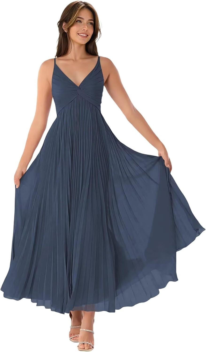 V-Neck Pleated Bridesmaid Dresses for Women Chiffon Spaghetti Straps Pleates Long Formal Wedding Guest Dress