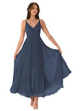 V-Neck Pleated Bridesmaid Dresses for Women Chiffon Spaghetti Straps Pleates Long Formal Wedding Guest Dress