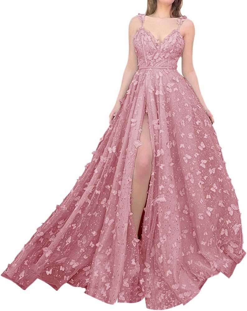 Sparkly Prom Dresses for Teens 2027 3D Butterfly Tulle Spaghetti Straps Long Slit Backless Party Gowns