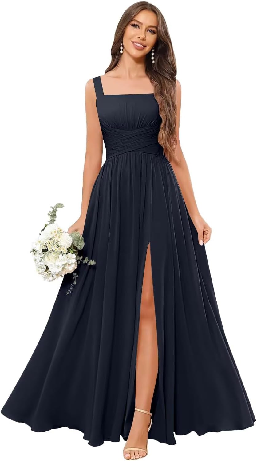 Kingbridal Chiffon A-line Bridesmaid Dresses for Women 2027 Long Square Neck Pleated Formal Evening Party Dress with Slit
