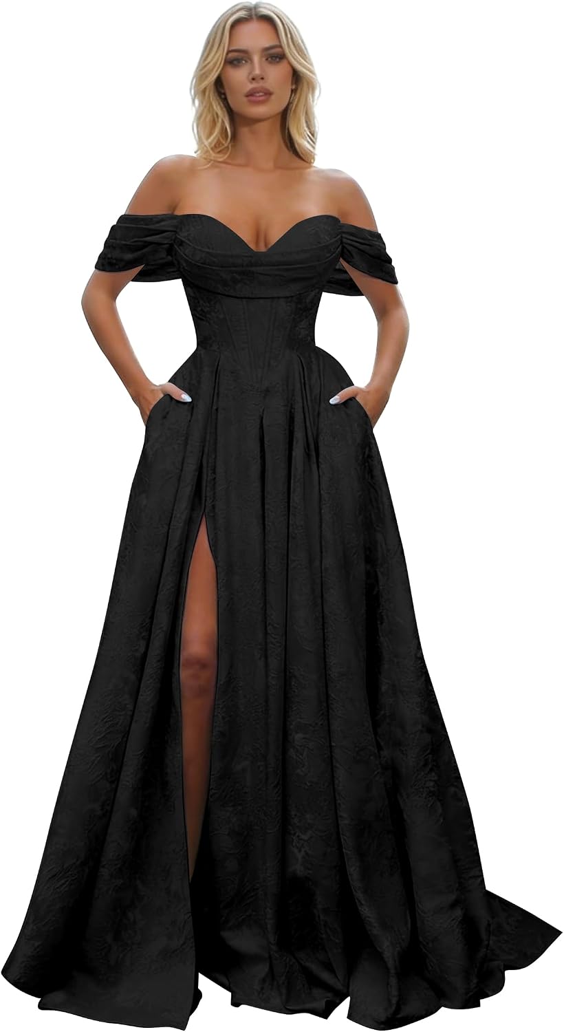 Off Shoulder Long Prom Dress 2026 Jacquard Floral Satin A-Line Corset Ball Gown with Slit Formal Evening Dresses