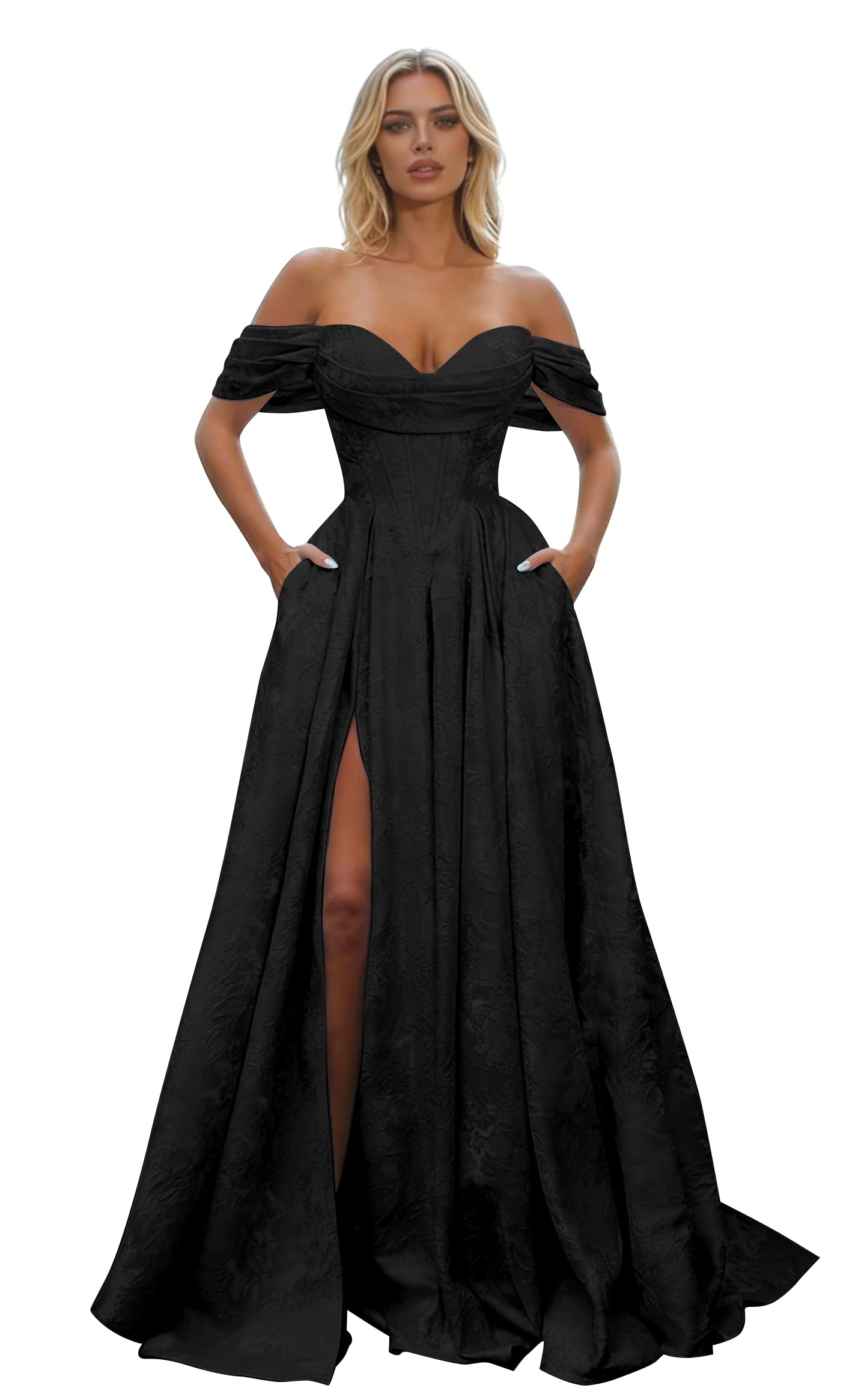 Off Shoulder Long Prom Dress 2026 Floral Satin A-Line Corset Ball Formal Evening Gown with Slit