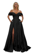 Off Shoulder Long Prom Dress 2026 Floral Satin A-Line Corset Ball Formal Evening Gown with Slit