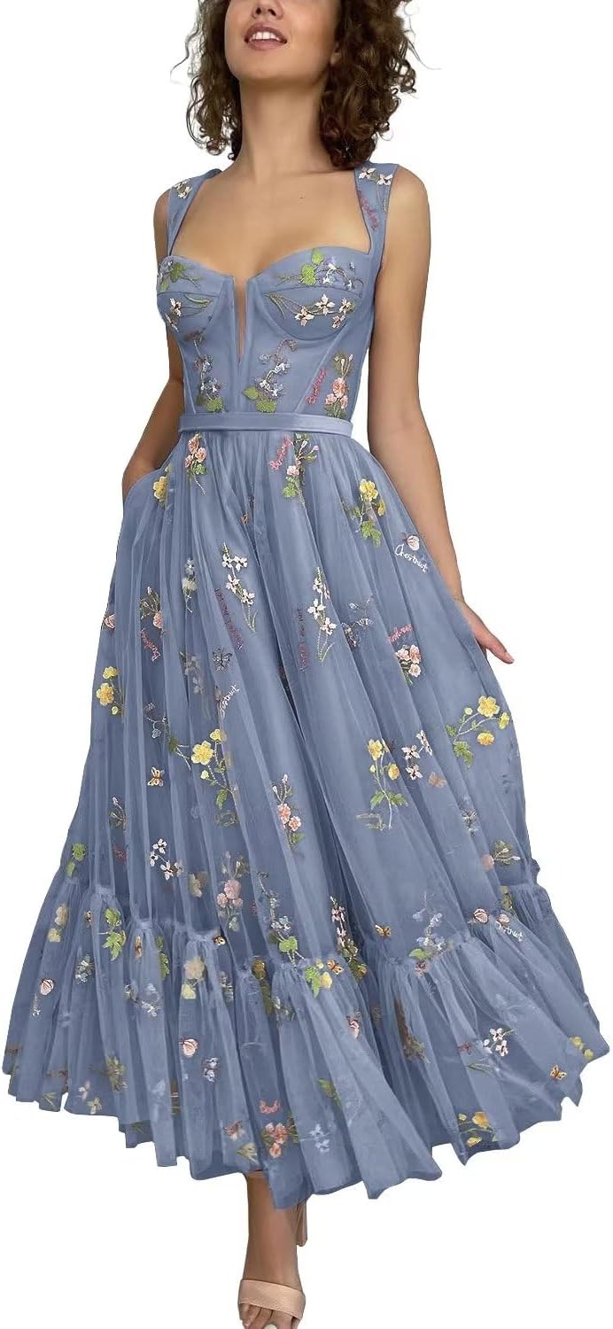 Vestidos de tul con bordado floral para mujer 2024, vestidos formales de fiesta de noche 