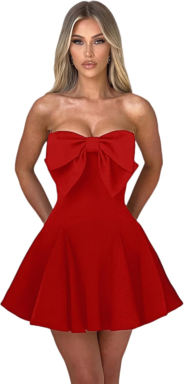 Women's Elegant Bow Strapless Homecoming Dress A Line Swing Tube Mini Dress Short Evening Party Prom Dress