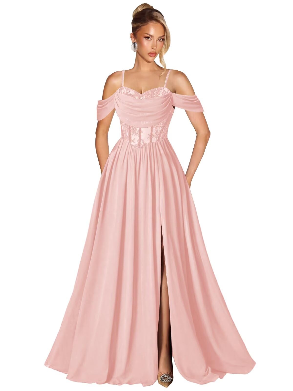 Off Shoulder Lace Applique Prom Dress with Slit A Line Ball Gown Pleated Corset Long Formal Evening Dresses