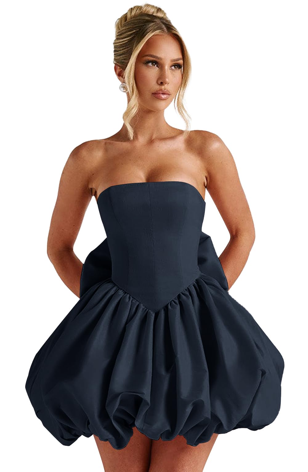 Satin Flower Bud Homecoming Dress Short Prom Dress with Bow Strapless A Line Mini Cocktail Party Gown