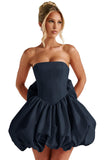 Satin Flower Bud Homecoming Dress Short Prom Dress with Bow Strapless A Line Mini Cocktail Party Gown