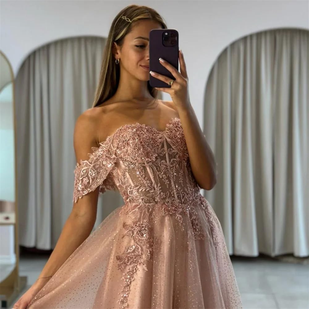 Off The Shoulder Tulle Prom Dresses 2027 Lace Applique A Line Long Sparkly Formal Evening Party Gowns