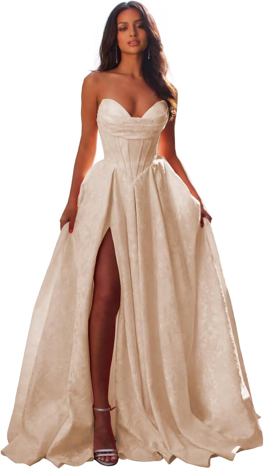 Jacquard Satin Prom Dresses with Slit Strapless Corset A Line Long Formal Gowns