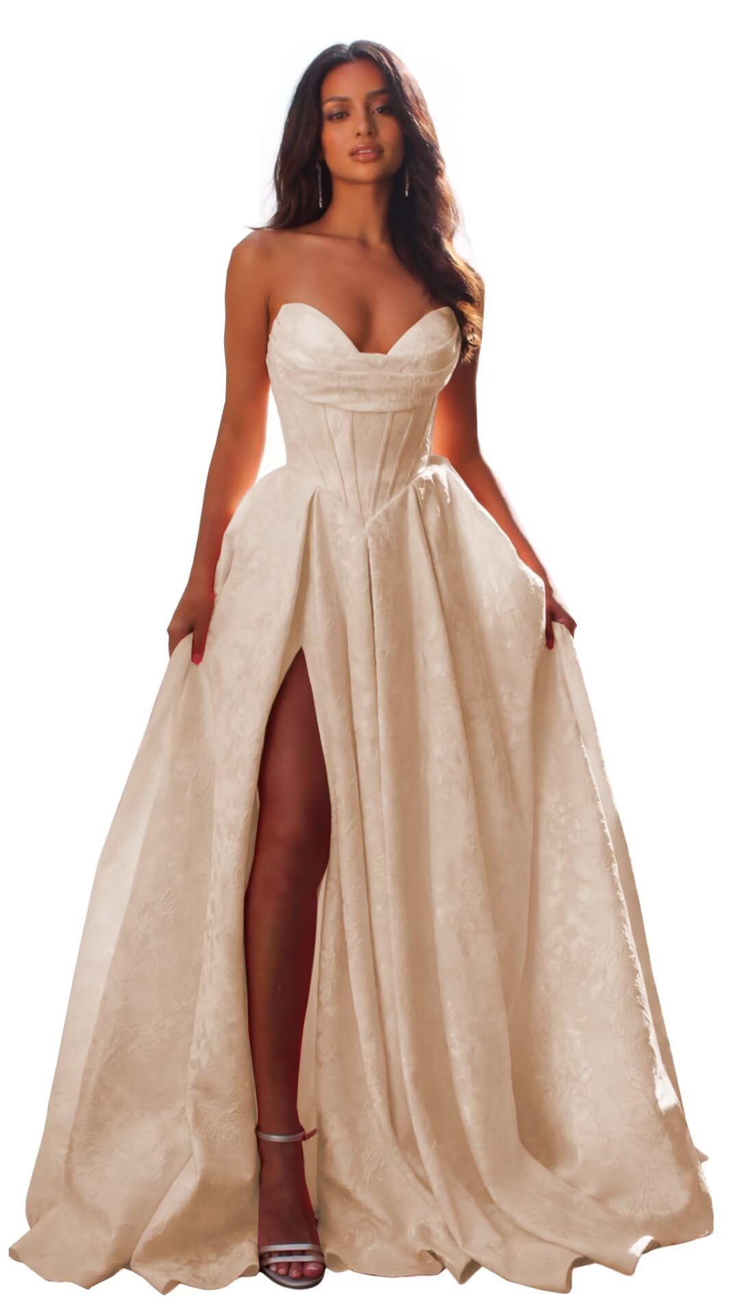 Jacquard Satin Prom Dresses with Slit Strapless Corset A Line Long Formal Gowns